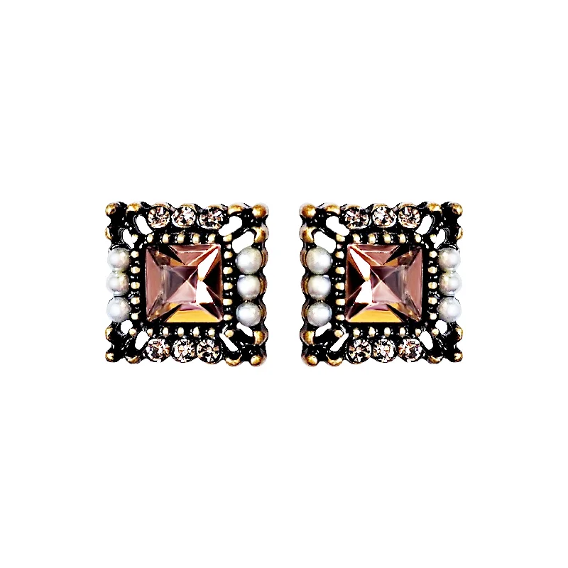 art deco earrings for women -Square Pink Crystal Rhinestone Vinage Style Pearl Invisible Clip On Earrings