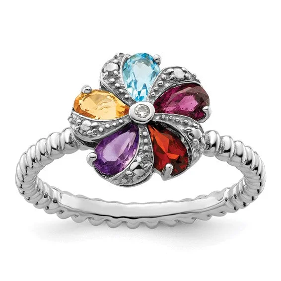 bridal necklaces for women -Sterling Silver Multi Gemstone & Diamond Ring