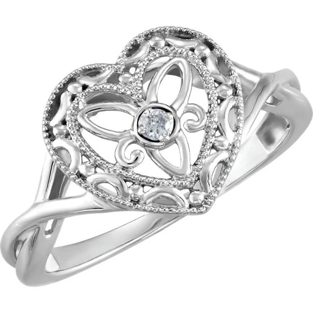 bridal necklaces for women -Sterling Silver Genuine Diamond Heart Crossed Band Filigree Ring