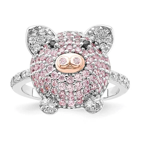 gold chain necklaces for women -Sterling Silver Pink CZ Pig Ring