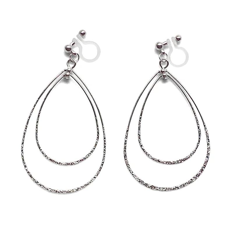 trendy crystal earrings for women -Dangle Silver Double Teardrop Hoop Invisible Clip on Earrings