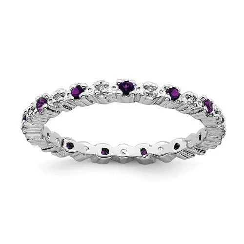 luxury gemstone necklaces for women -Sterling Silver Stackable Expressions Amethyst & Diamond Alternating Eternity Ring