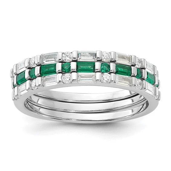 colorful necklaces for women -Sterling Silver Imitation Emerald and CZ 3 Ring Set