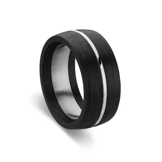 wedding band sets for women -Stainless Steel Men's Ring - Black with Silver Detail*