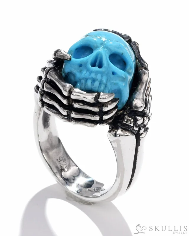 personalized rings for women -Gem Skull Ring of American Turquoise Carved Skull with Skeletal Hands in 925 Sterling Silver