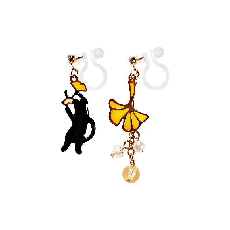 cute dangle earrings for women -Dangle Black Cat Yellow Ginkgo Leaf Gold Invisible Clip On Earrings