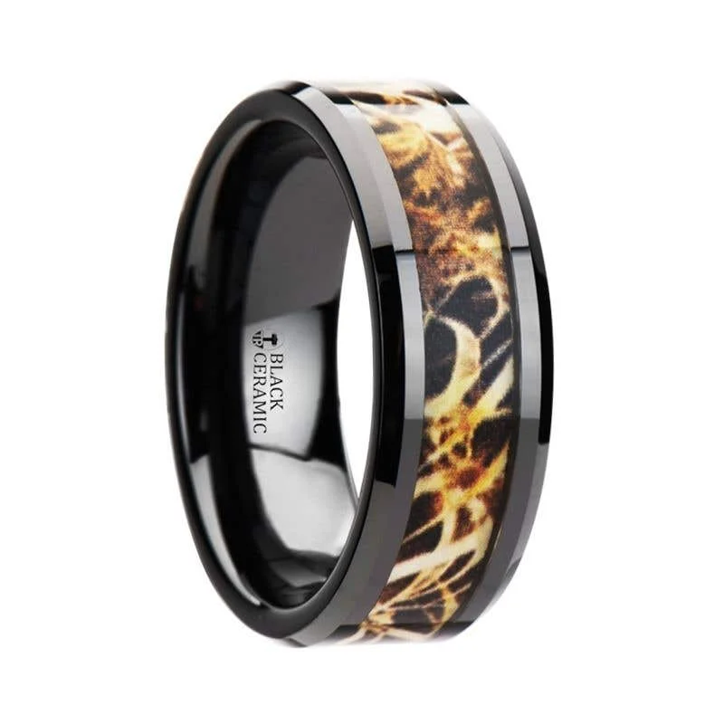 adjustable gold necklaces for women -Thorsten TUNDRA Black Ceramic Wedding Band with Leaves Grassland Camo Inlay Ring - 8mm