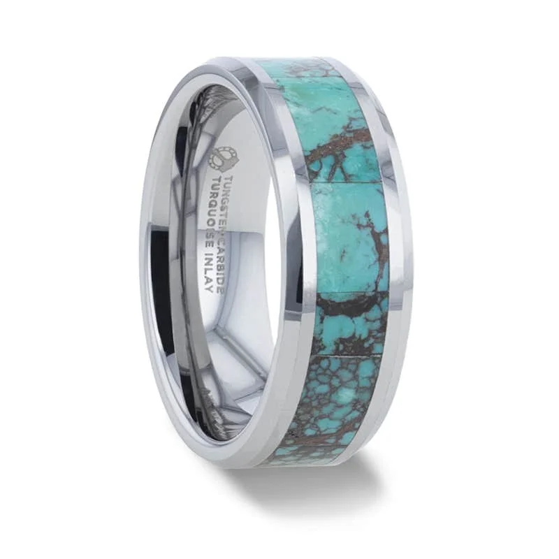 eco-friendly necklaces for women -Thorsten TURKIS Turquoise Spider Web Inlay Tungsten Carbide ring with Beveled Polished Edges - 8mm