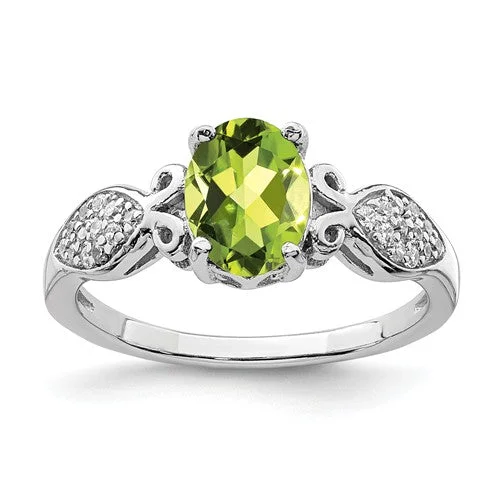 chic necklaces for women -Sterling Silver Oval Peridot And White CZ Ring