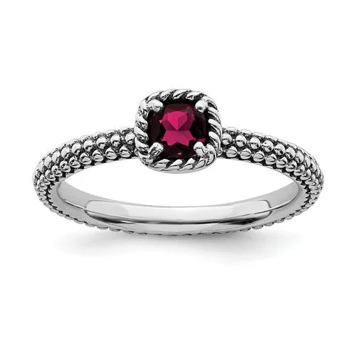 eco-friendly necklaces for women -Sterling Silver Stackable Expressions Cushion Cut Ruby Ring