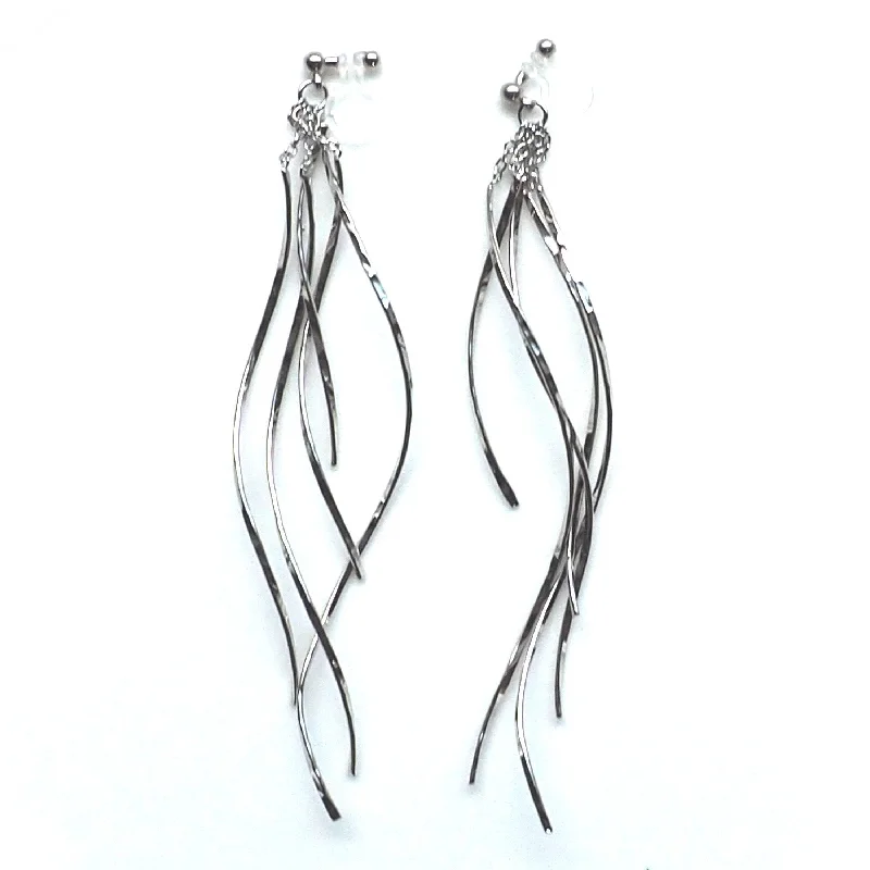 wedding diamond earrings for women -Dangle silver waved bars invisible clip on earrings