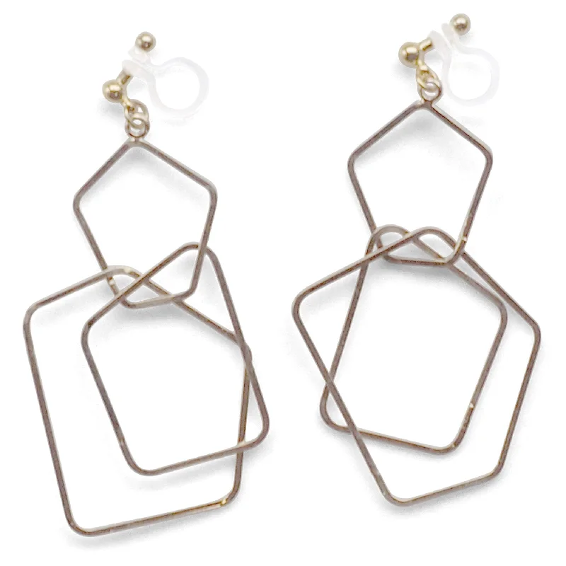 luxury earrings for women -Dangle gold pentagon hoop invisible clip on earrings