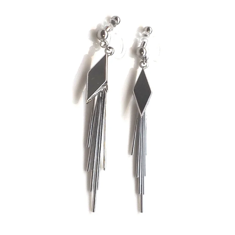 trendy earrings for women -Silver diamond shape fringe invisible clip on earrings