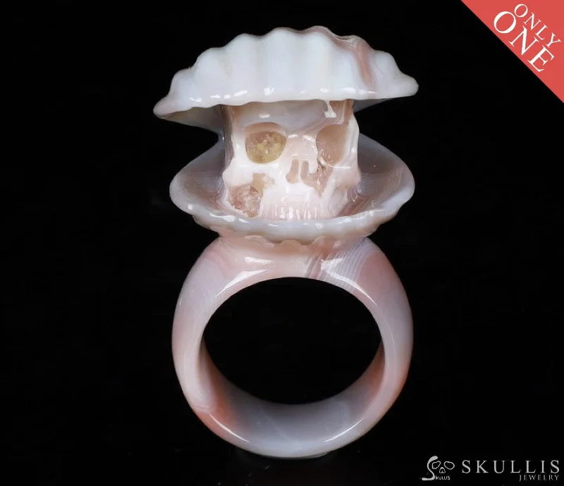 bohemian engagement rings -Gem Skull Ring of Mozambique Agate Carved Skull in a Shell, US Size 8.5 - 0521628