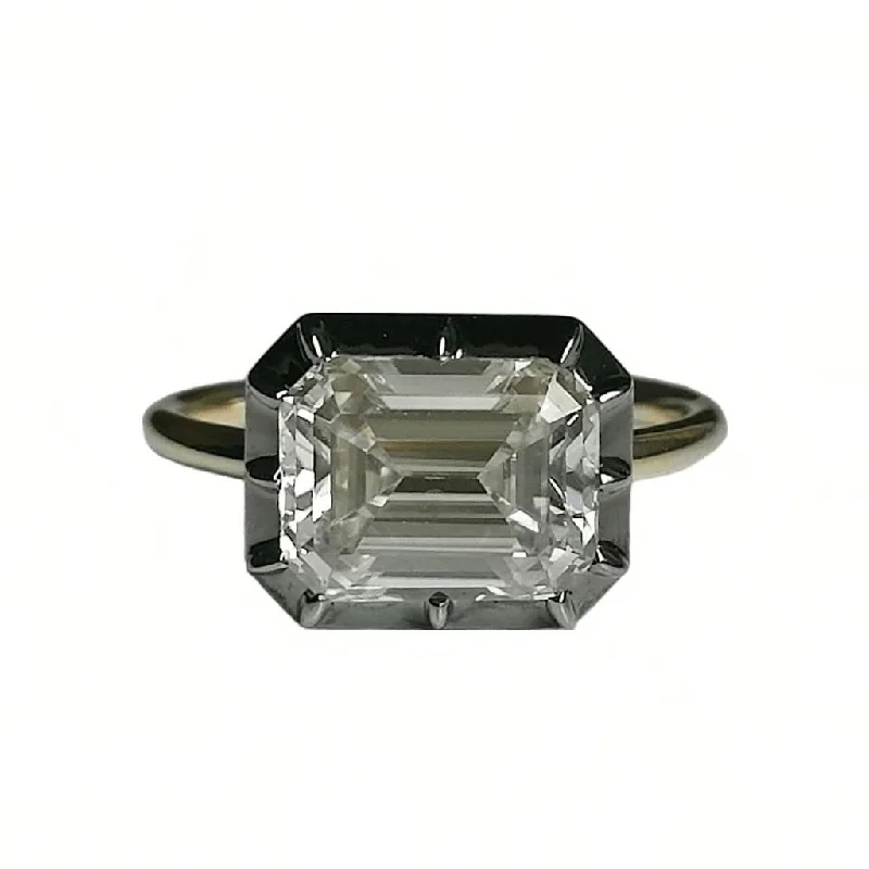 platinum rings for women -Georgian Victorian Emerald Cut Moissanite Button Back Collet Ring in Blackened Gold