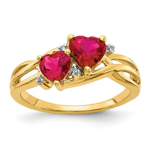 modern pendant necklaces for women -14k Yellow Gold Lab Created Ruby And Diamond Double Heart Ring