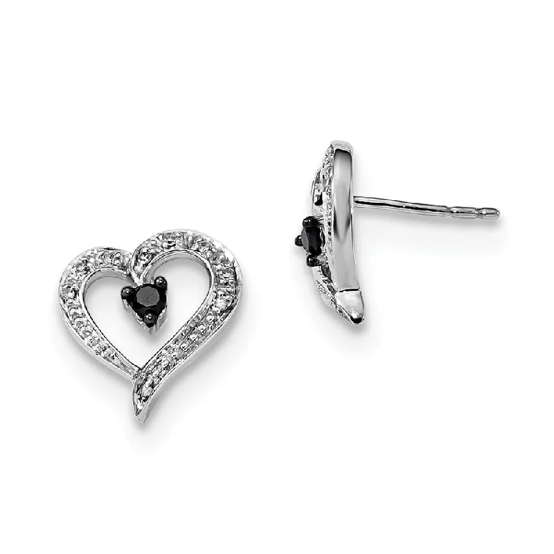 silver dangle earrings for women -Black & White Diamond 11mm Open Heart Post Earrings in Sterling Silver