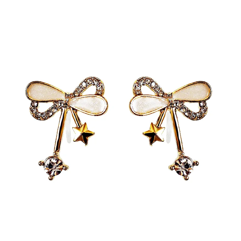 statement earrings for women -Ribbon Shaped Beige Crystal Rhinetone Bow Tie Invisible Clip On Earrings