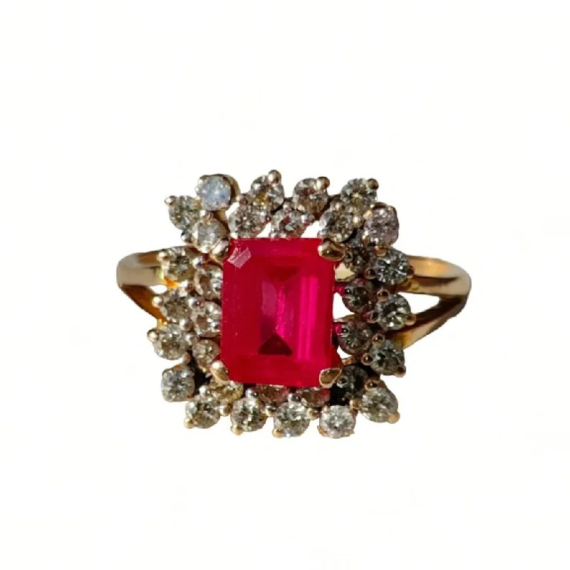 radiant-cut rings for women -Edwardian Emerald Cut Diamond Ruby Halo Ring