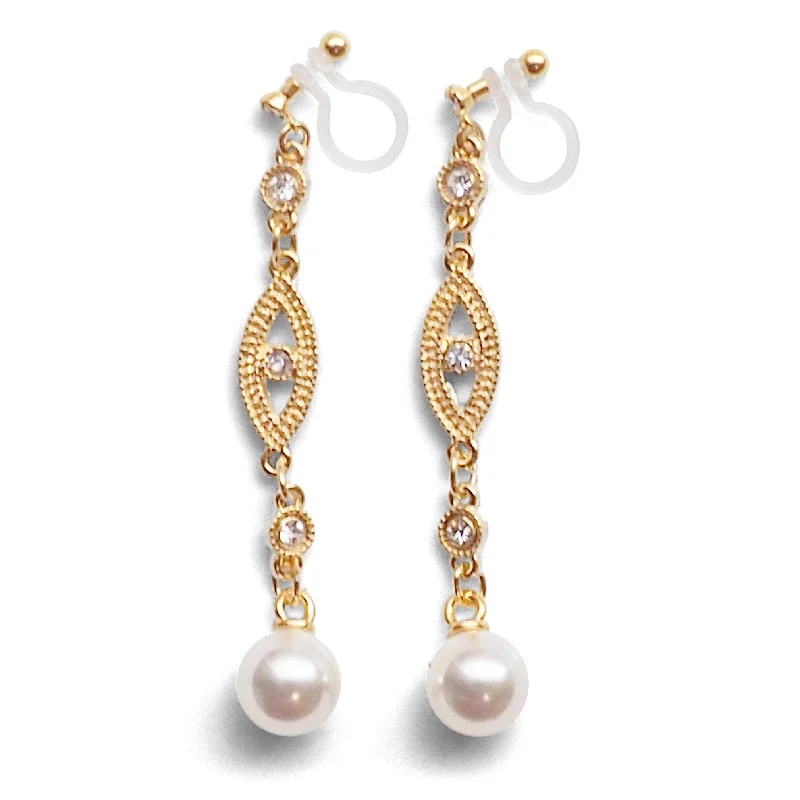 sterling silver drop earrings for women -bridal dangle white pearl with crystal invisible clip on earrings