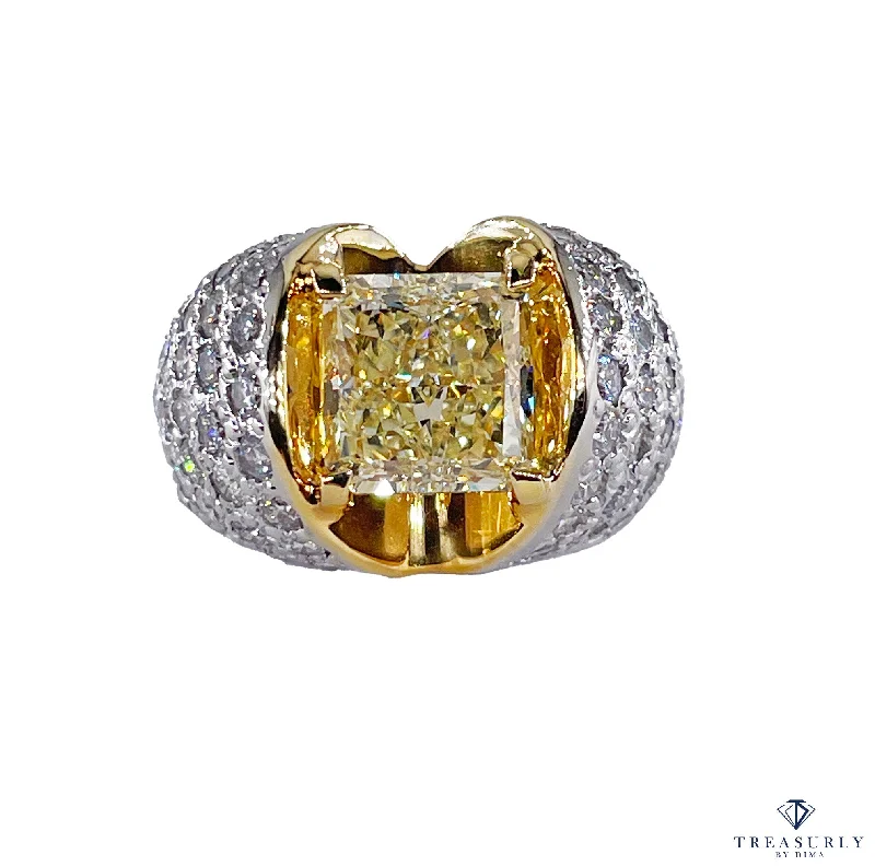 infinity rings for women -Vintage “Canary” GIA 7.02ctw Natural Fancy YELLOW Radiant Cut Diamond Dome 18K Ring