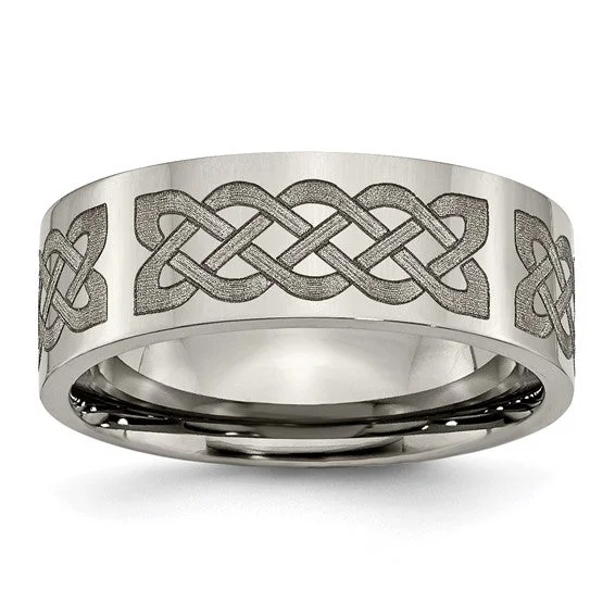 anniversary necklaces for women -Titanium Flat 8mm Celtic Knot Laser Design Polished Band