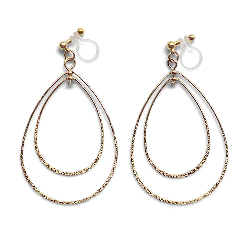 geometric earrings for women -Dangle Gold Double Teardrop Hoop Invisible Clip on Earrings