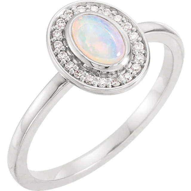 moonstone necklaces for women -14k Gold Oval Genuine Opal Diamond Halo Ring - White, Yellow or Rose or Platinum