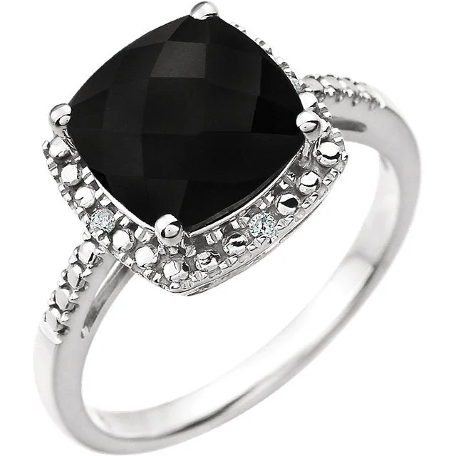 celestial necklaces for women -14k White Gold 9mm Cushion Cut Onyx & Diamond Halo-Style Ring