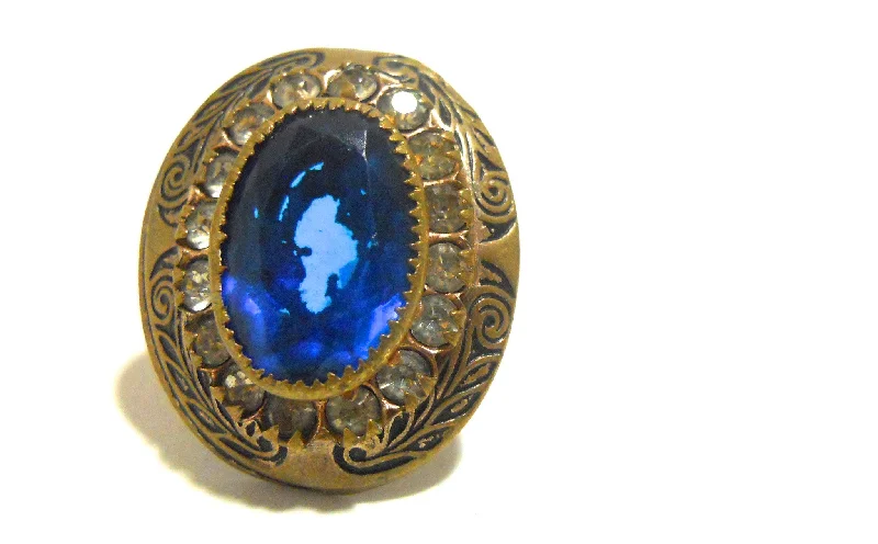 blue sapphire rings for women -Deep Blue Czech Glass Ring circa 1930s 3.5