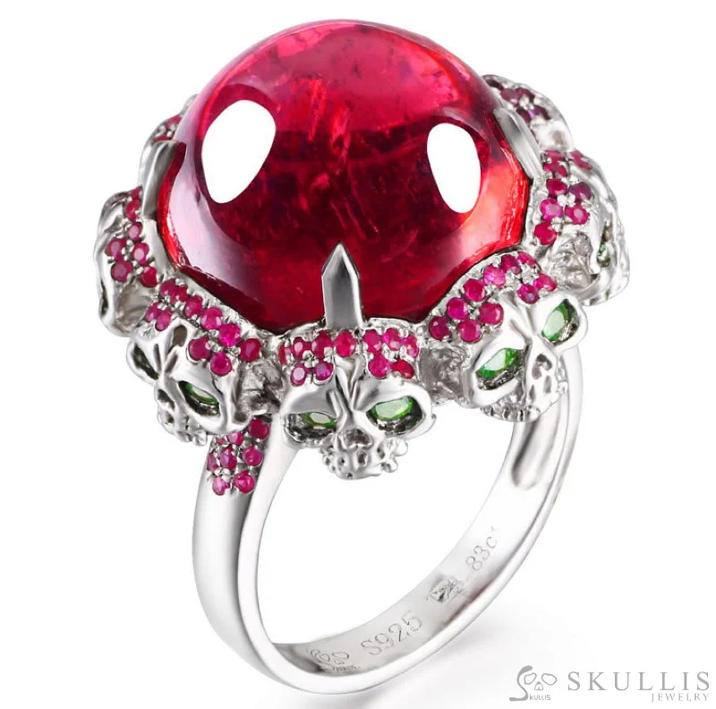 custom promise rings -Gem Skull Ring of Round Cut Ruby & Skulls with Ruby Eyes in 925 Sterling Silver