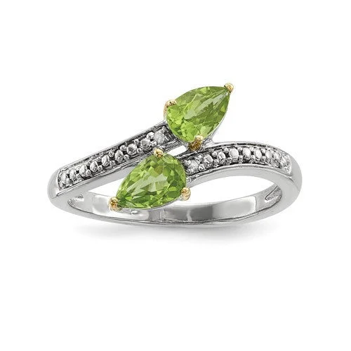 dainty necklaces for women -Sterling Silver And 14K Gold Double Peridot Pear Diamond ByPass Ring