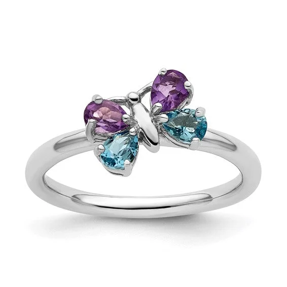 long chain necklaces for women -Sterling Silver Stackable Expressions Blue Topaz & Amethyst Butterfly Ring