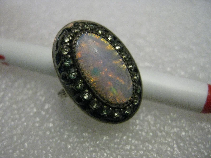 vintage wedding rings for women -Vintage Sterling Opal Southwestern Ring, Rhinestone Frame, signed MA, size 4