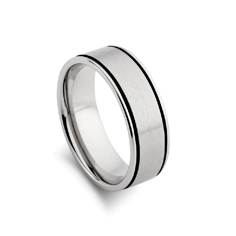 gemstone cocktail rings -Stainless Steel Men's Ring - Black Line Detail