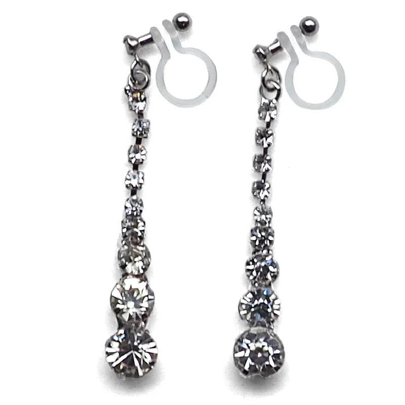 bold silver earrings for women -Bridal long rhinestone crystal invisible clip on earrings ( silver tone )