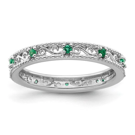 anniversary necklaces for women -Sterling Silver Stackable Expressions Created Emerald Filigree Ring