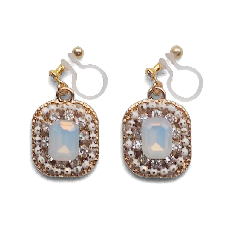 custom earrings for women -White Opal Rhinestone Square Crystal Invisible Clip on Earrings