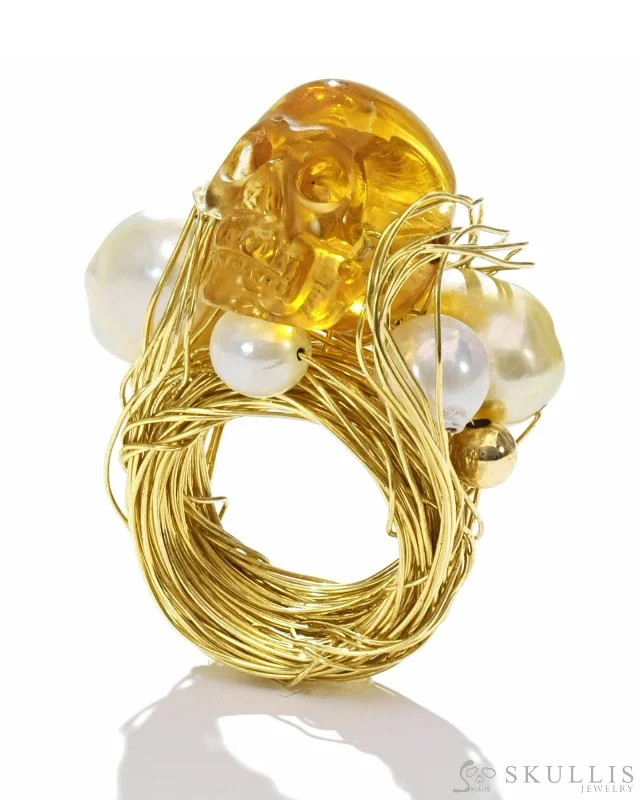 gemstone rings for women -Gem Skull Ring of Citrine Carved Skull with Pearl Beads, US Size 7