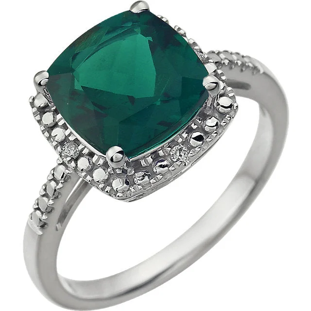 anniversary necklaces for women -14k White Gold 9mm Cushion Cut Created Emerald & Diamond Halo-Style Ring