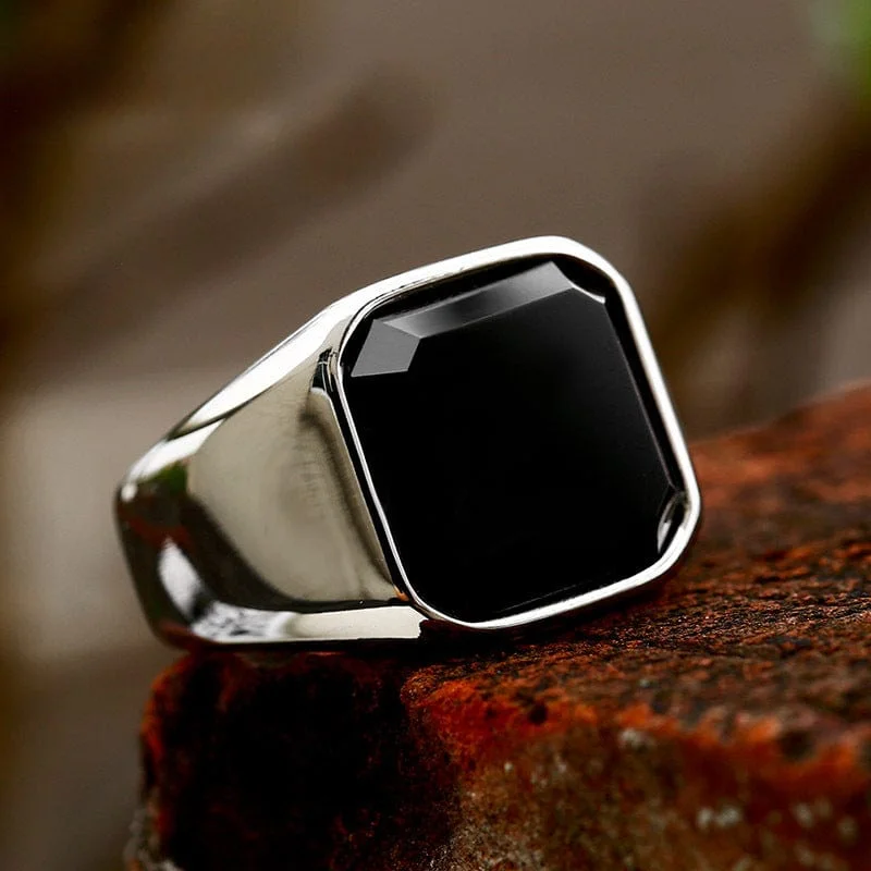 statement gemstone rings for women -Men's Punk Black Agate Ring