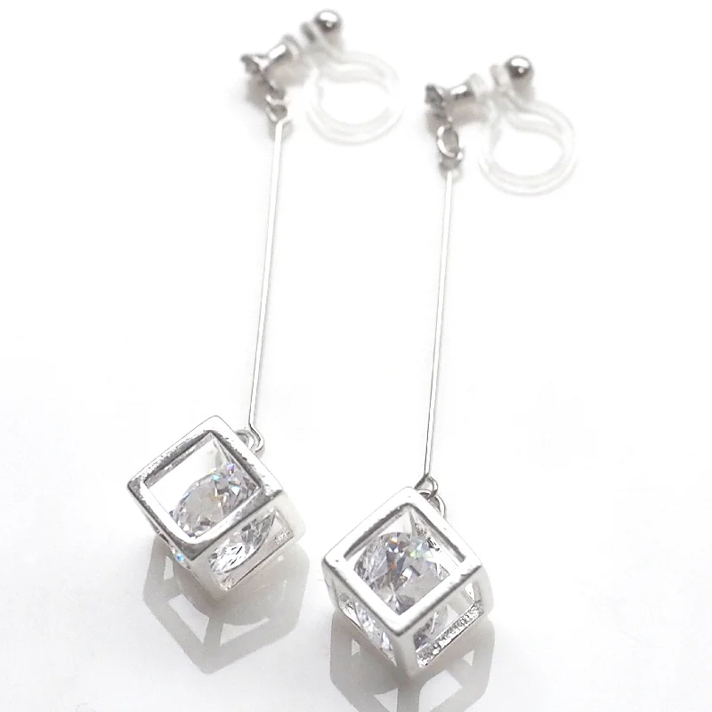 contemporary earrings for women -Cubic zirconia crystal in silver cube invisible clip on earrings