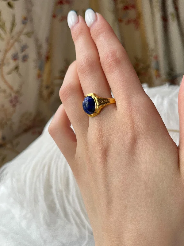 solitaire diamond rings for women -14ct Yellow Gold Art Deco Lapis Scarab Ring