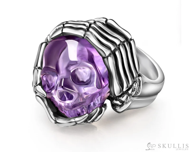 rose gold wedding rings for women -Gem Skull Ring of Amethyst Carved Skull with Skeletal Hands in 925 Sterling Silver