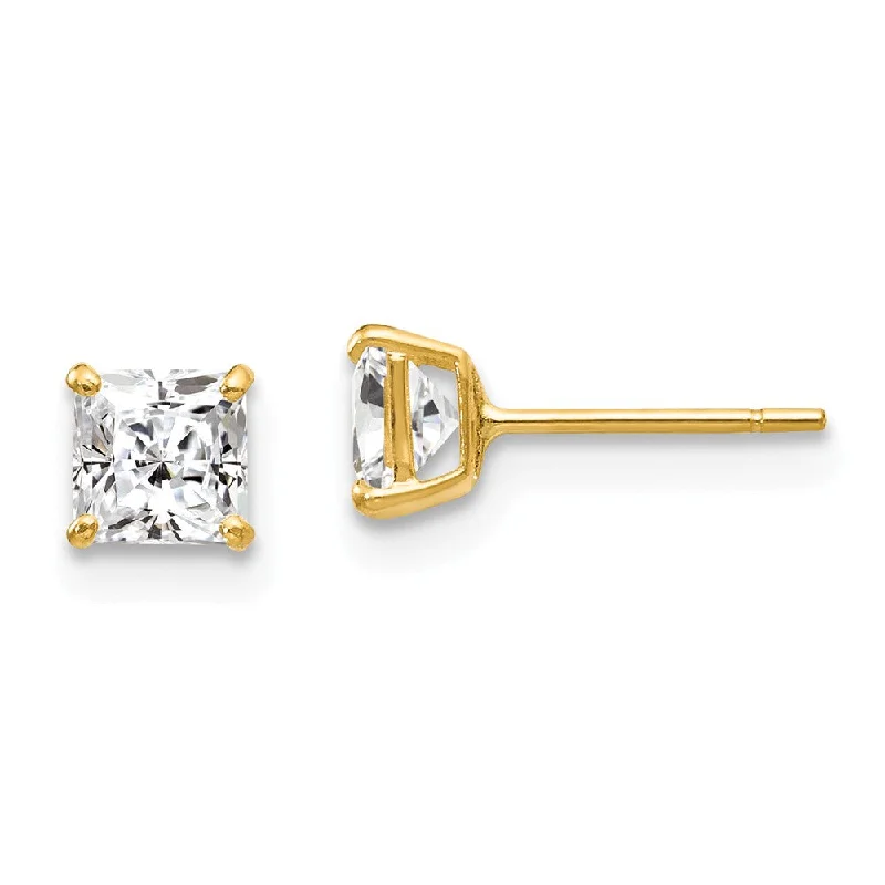 personalized earrings for women -4mm Princess Cubic Zirconia Stud Earrings in 14k Yellow Gold