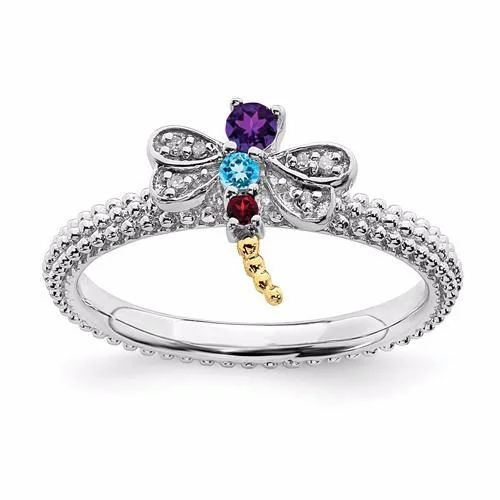 love necklace for women -Sterling Silver & 14k Gold Stackable Expressions Gemstone Diamond Dragonfly Ring