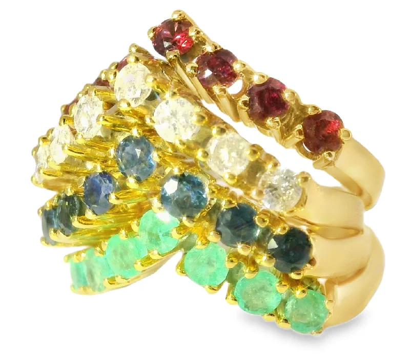 round-cut rings for women -Stunning Estate 14K Diamond Ruby Emerald Sapphire Stacking Set Bands Rings