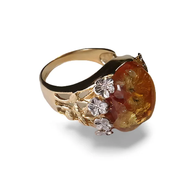 halo rings for women -Gorgeous Estate 14K Two-Tone 2-Tone Gold Cabochon Amber Diamond Floral Ring Band