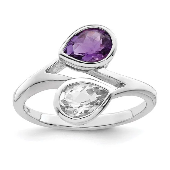 chic necklaces for women -Sterling Silver Pear Shape Amethyst and White Topaz Ring