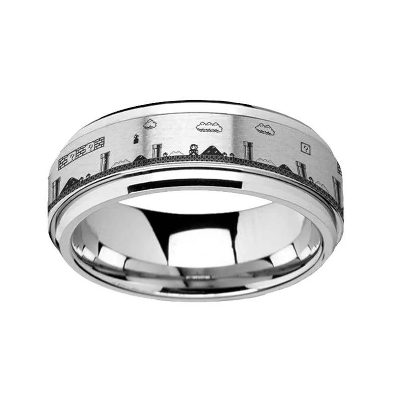 chic necklaces for women -Thorsten Spinning Engraved Super Mario Bros Pixel Level Game Tungsten Carbide Spinner Band - 8mm